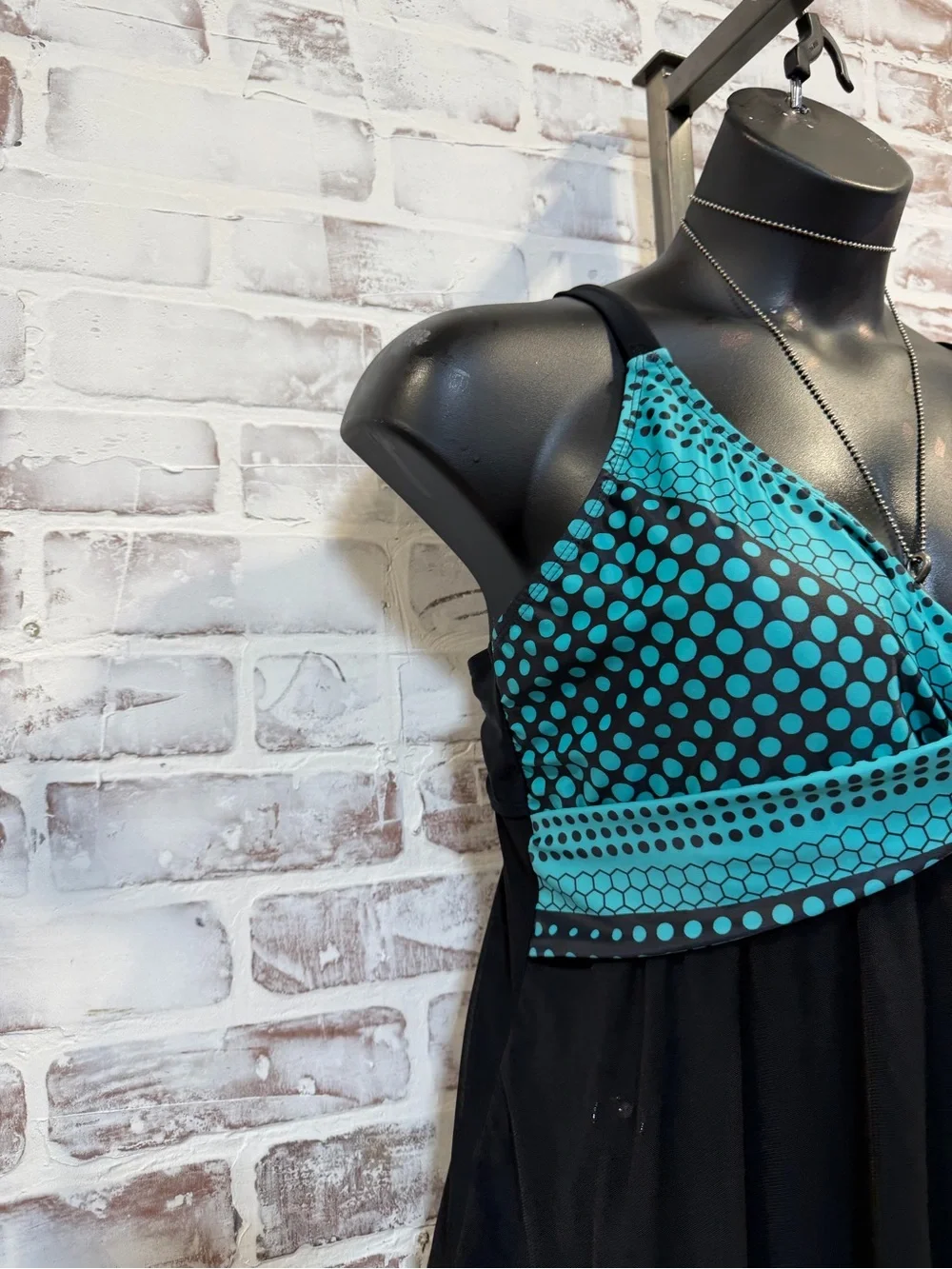 Black & Teal Polka Dot Babydoll Tank swim dress top XL